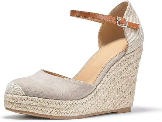 FISACE Womens Summer Espadrille Heel Platform Wedge Sandals Ankle Buckle Strap Closed Toe Shoes