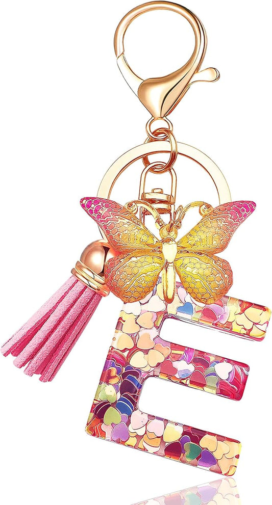 JINGUAZI Initial letter Keychains for Women Tassel Butterfly Pink Purple Cute Car Keychain for Wallet Backpack bag charm