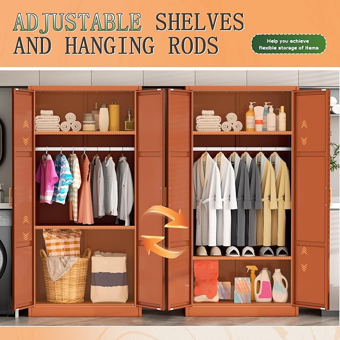Greenvelly Metal Wardrobe Cabinet with Wooden Handle, 72" Metal Wardrobe Closet with Hanging Rods and Adjustable Shelves, Clothing Storage Closet Cabinet for Home, Office, Employee, Gym (Brown)