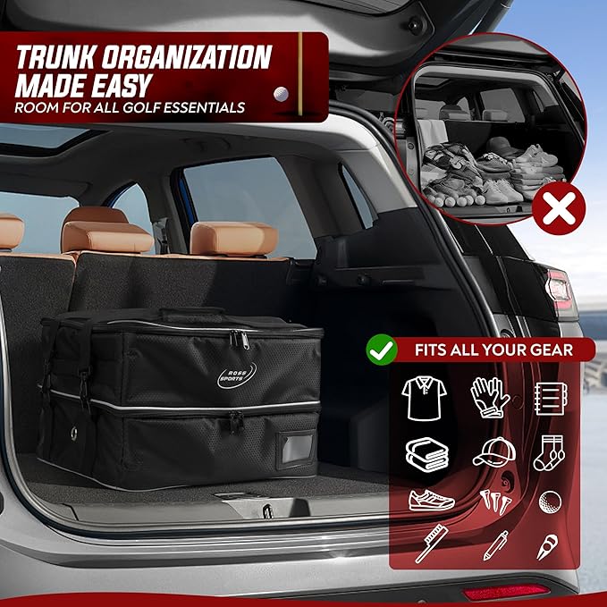 Golf Trunk Organizer – Portable Car Organization & Truck Bed Bag for Men – Smart Holder Shoes, Balls, Gloves, Clothes Storage Bag – Shoe Glove Case & Locker for Golfers, Club, Bags & Stuff Stash