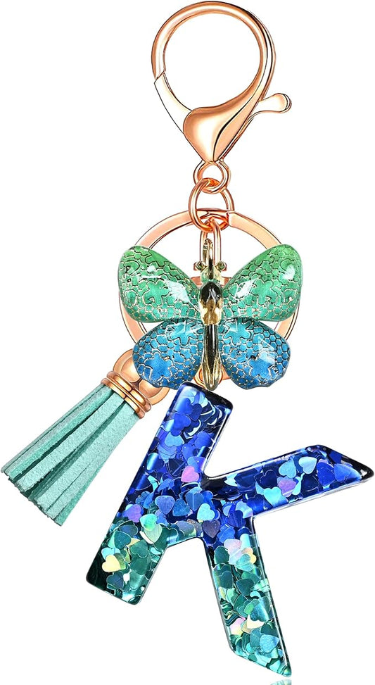 JINGUAZI Initial letter Keychains for Women Tassel Butterfly Pink Purple Cute Car Keychain for Wallet Backpack bag charm