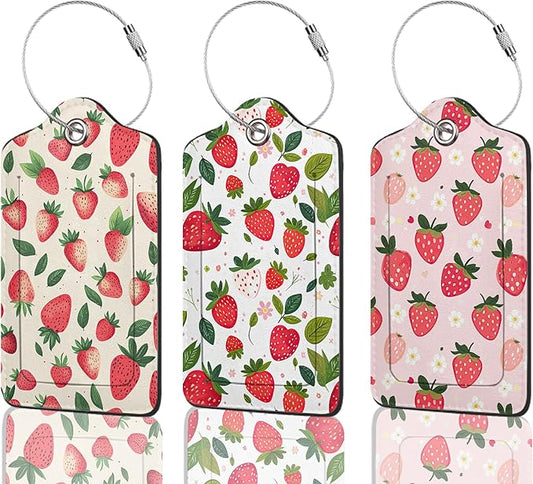 Luggage Tags for Suitcases Durable Leather Luggage Tags Cute Travel Name Tags for Cruise Ships Travel Essentials 3 Pack (Strawberry)