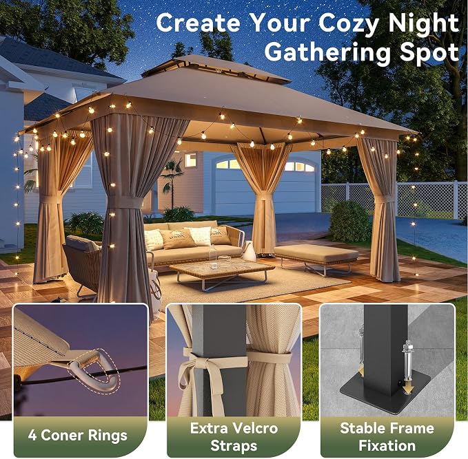 12'x10' Gazebo with Light, Outdoor Gazebo with Double Roofs | Metal Frame Canopy - Image 4