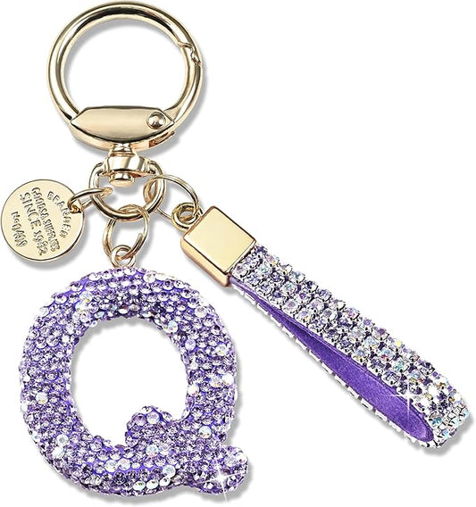 Pink Blue White Initial Letter Keychain Gift for Women Girls Bling Sparkly Cute Backpack Car Key Accessories Lanyard