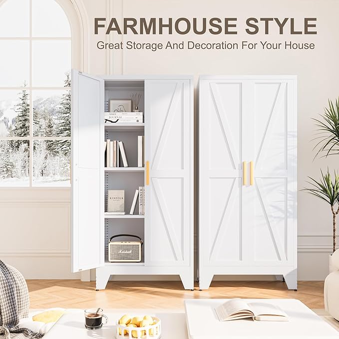 61H Metal Storage Cabinet with 2 Doors and Adjustable Shelves,Farmhouse Storage Cabinet with Barn Doors,Pantry Storage for Home,Office,Bathroom,Dining Room,Kitchen(White)