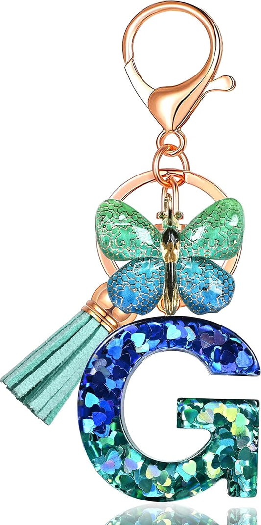JINGUAZI Initial letter Keychains for Women Tassel Butterfly Pink Purple Cute Car Keychain for Wallet Backpack bag charm