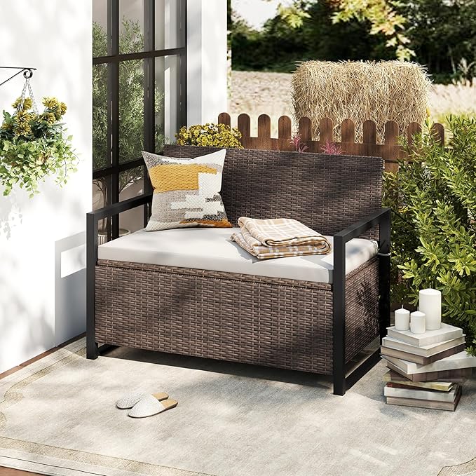 RELAX4LIFE Wicker Rattan Outdoor Storage Loveseat Bench Mix Brown Off White | - Image 2