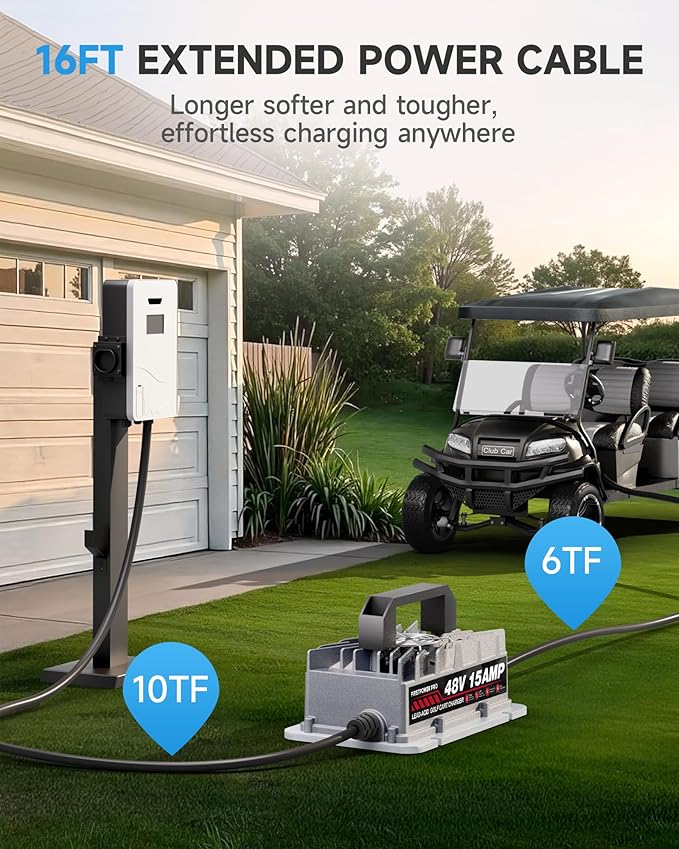 Golf Cart Charger, 48V 15A Golf Cart Battery Charger for Yamaha G29 Drive & Drive 2 Golf Carts, 4-6h Fast Full Charge Trickle Charge, Lead Acid Battery Charger - 3-Pin Leaf Plug, IP67 with Fan Design