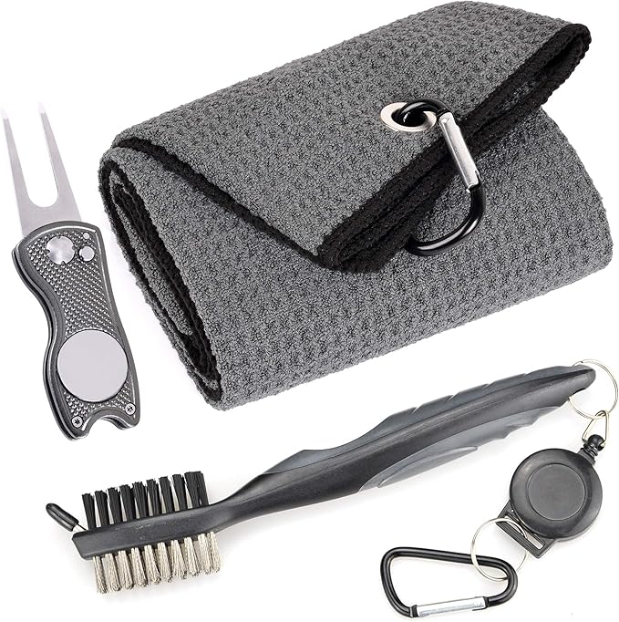 Mile High Life Microfiber Waffle Pattern Golf Towel | Club Groove Cleaner Brush | Foldable Divot Tool with Magnetic Ball Marker (Dark Gray Towel/Brush/Fish Divot)