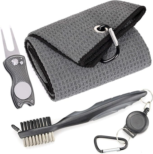 Mile High Life Microfiber Waffle Pattern Golf Towel | Club Groove Cleaner Brush | Foldable Divot Tool with Magnetic Ball Marker (Dark Gray Towel/Brush/Fish Divot)