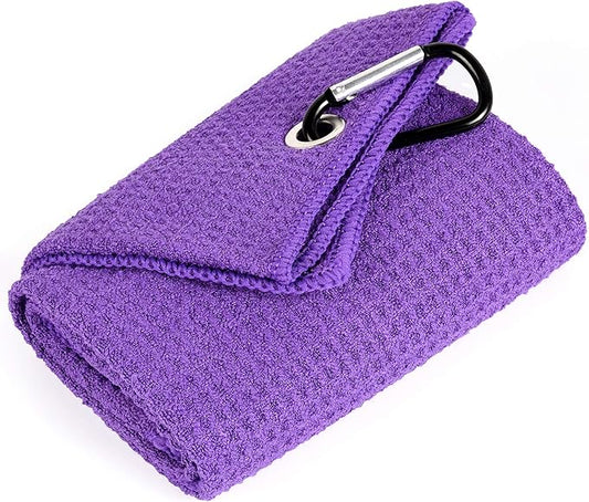 Mile High Life Tri-fold Golf Towel | 16" X 24" | Premium Microfiber Fabric | Waffle Pattern | with Heavy Duty Carabiner Clip | for Men and Women (Purple)