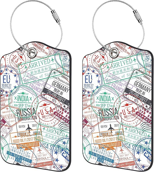 2 Pack Luggage Tags for Suitcase,Passport Visa Stamp PU Leather Luggage Tags with Privacy Cover Name Address Labels and Steel Ring,Creative Travel Accessories for Men and Women