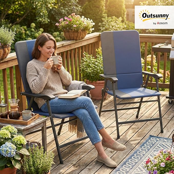 Outsunny Folding Patio Chairs Set of 2 Padded High Back Armrests Dark Blue | - Image 2