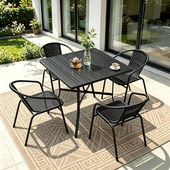 4 Pack Black Stackable Outdoor Rattan Chairs, All-Weather Patio Seating - Image 2