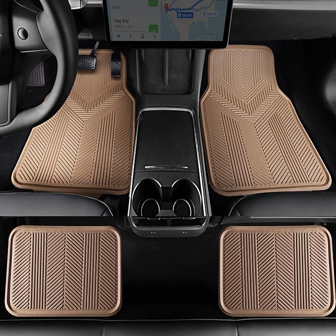 CAR PASS Universal Car Floor Mats & Cargo Liner Full Set, Waterproof Anti-Slip Rubber Trim to Fit Trunk Mats All Weather Protection Fit Car SUV Sedan Coupe Vehicle Automotive 5 Pieces, S-M Size Beige