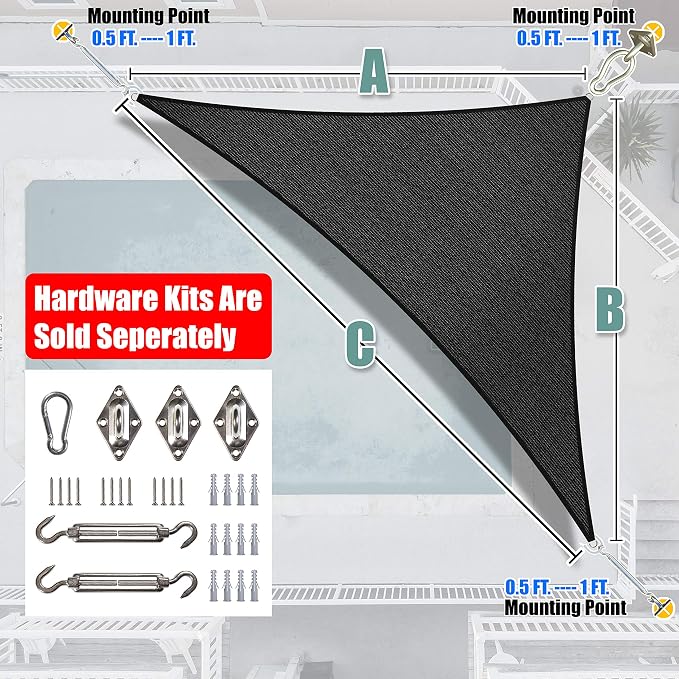 Amgo Custom Size 11' x 15' x 18.6' Black Right Triangle Sun Shade Sail UPF50+ - Image 6