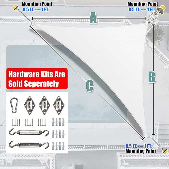 Amgo Custom Size 11' x 12' x 16.3' White Right Triangle Sun Shade Sail UPF50+ - Image 6