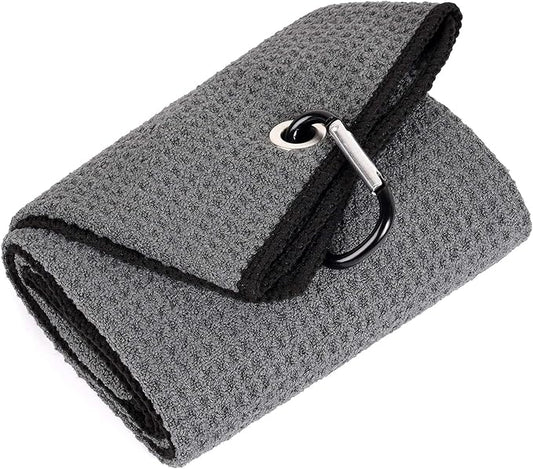 Mile High Life Tri-fold Golf Towel | 16" X 24" | Premium Microfiber Fabric | Waffle Pattern | with Heavy Duty Carabiner Clip | for Men and Women (Dark Gray)