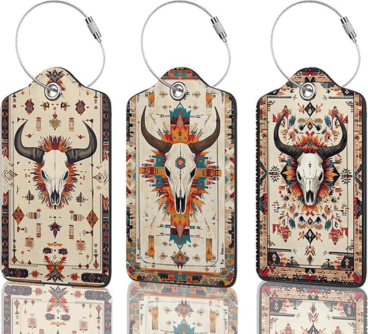 Western Bull Skull Luggage Tag, 3 Pack Luggage Tags for Suitcases, Cute Suitcase Tags Identifiers Bag Tags with Privacy Flap, Baggage Name Tag for Women Men Luggage Backpacks & Bags