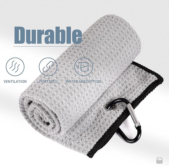 Mile High Life Tri-fold Golf Towel | 16" X 24" | Premium Microfiber Fabric | Waffle Pattern | with Heavy Duty Carabiner Clip | for Men and Women (Gray)