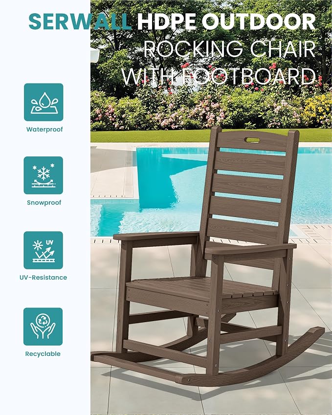 SERWALL Outdoor Rocking Chair Set of 4, Oversized HDPE Rocker, Coffee | - Image 5
