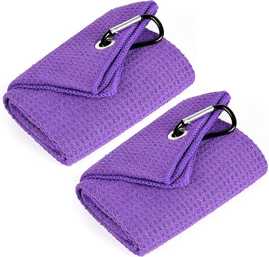 Mile High Life Tri-fold Golf Towel | 16" X 24" | Premium Microfiber Fabric | Waffle Pattern | with Heavy Duty Carabiner Clip | for Men and Women (2 Pack Purple)