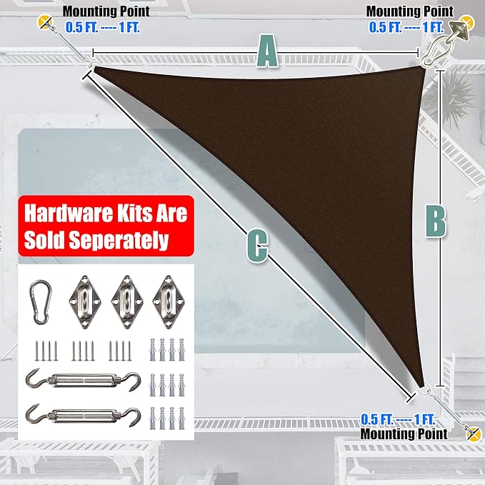 Amgo Custom Size 10' x 18' x 20.6' Brown Right Triangle Sun Shade Sail UPF50+ - Image 6