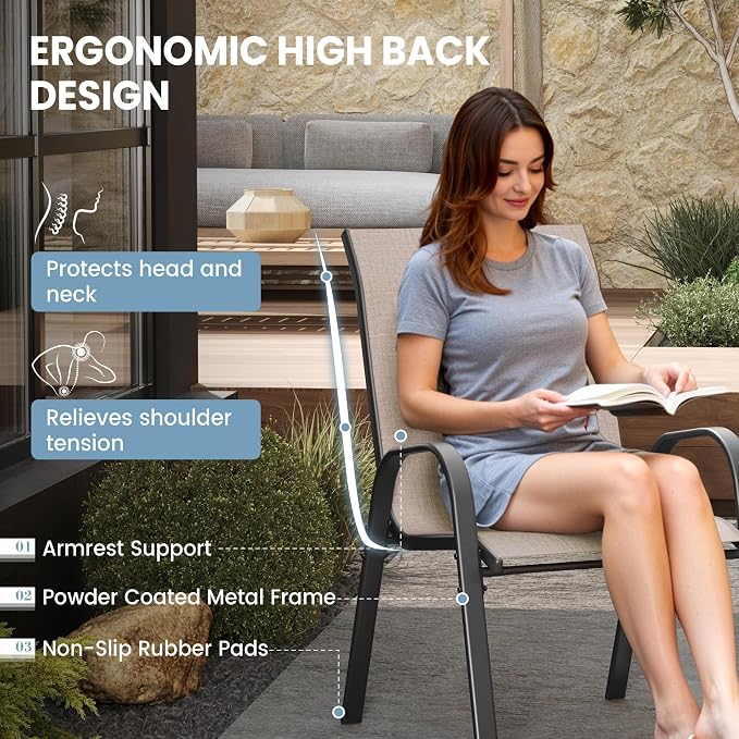 Patio Chairs Set of 6, Stackable Dining Chairs High Back, Breathable Fabric and - Image 5