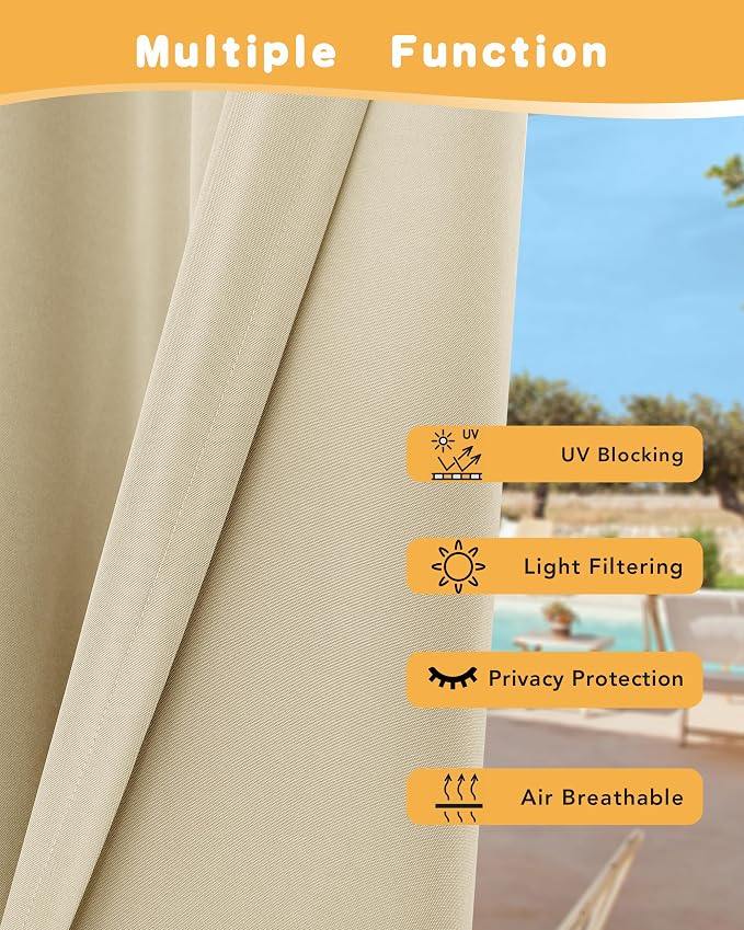 HolidayIdeas Outdoor Curtains for Patio Waterproof 2 Pcs 84x95 Inch Cream | - Image 3