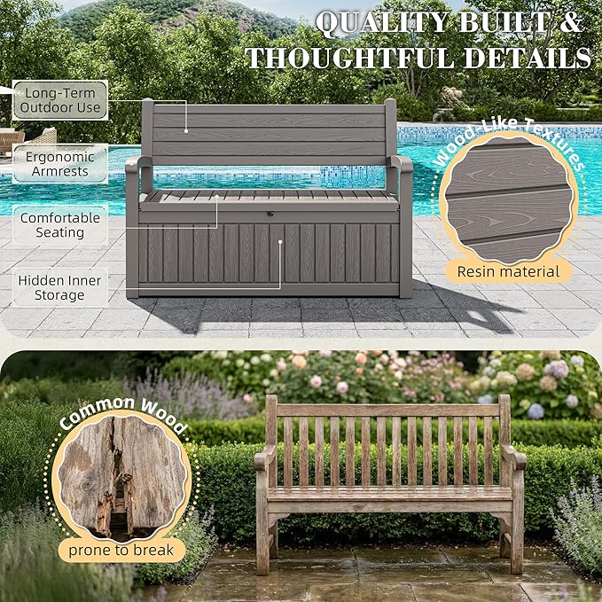 80-Gallon Deck Box Outdoor Storage Bench, Waterproof Outdoor Storage Box - Image 3