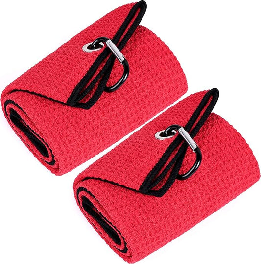 Mile High Life Tri-fold Golf Towel | 16" X 24" | Premium Microfiber Fabric | Waffle Pattern | with Heavy Duty Carabiner Clip | for Men and Women (2 Pack Red)
