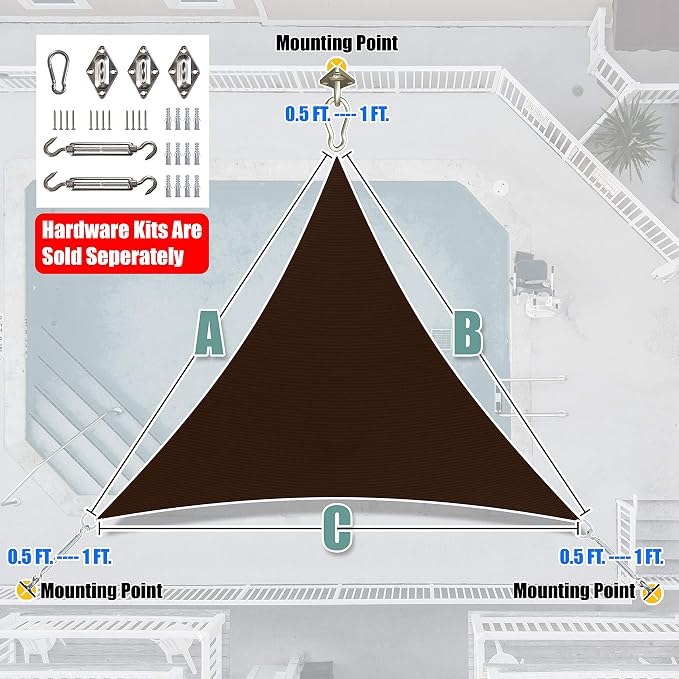 Amgo Custom Size 13' x 13' x 13' Brown Triangle Sun Shade Sail UPF50+ AGTAPT12 - Image 6