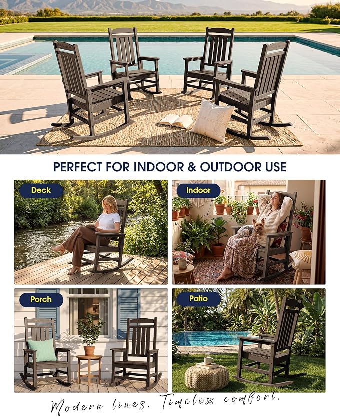 Oversized Outdoor Rocking Chair Set of 4, HDPE Porch Rocker, Coffee | - Image 8