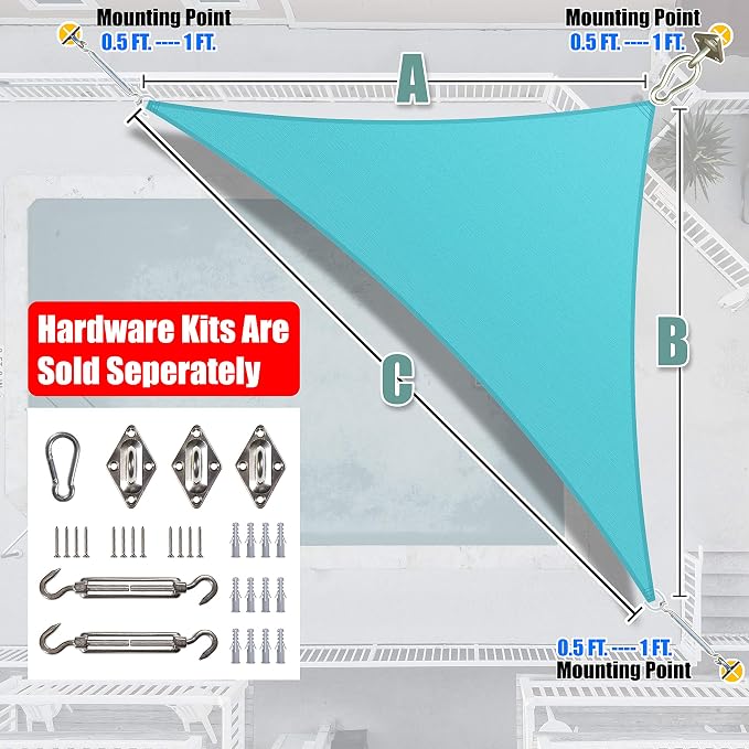 Amgo Custom Size 20' x 23' x 30.5' Turquoise Triangle Sun Shade Sail UPF50+ - Image 6