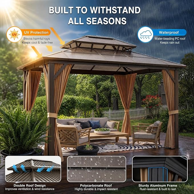 GAOMON 10x12ft Gazebo, Hardtop Outdoor Canopy Aluminum Frame Permanent Gazebo - Image 2