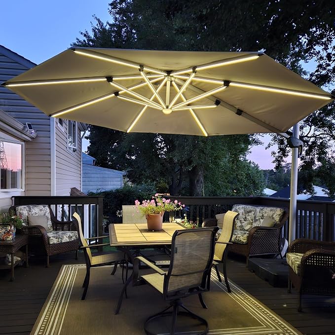 PURPLE LEAF Cantilever Umbrella 13ft Solar LED Light Double Top, Support to by PURPLELEAF