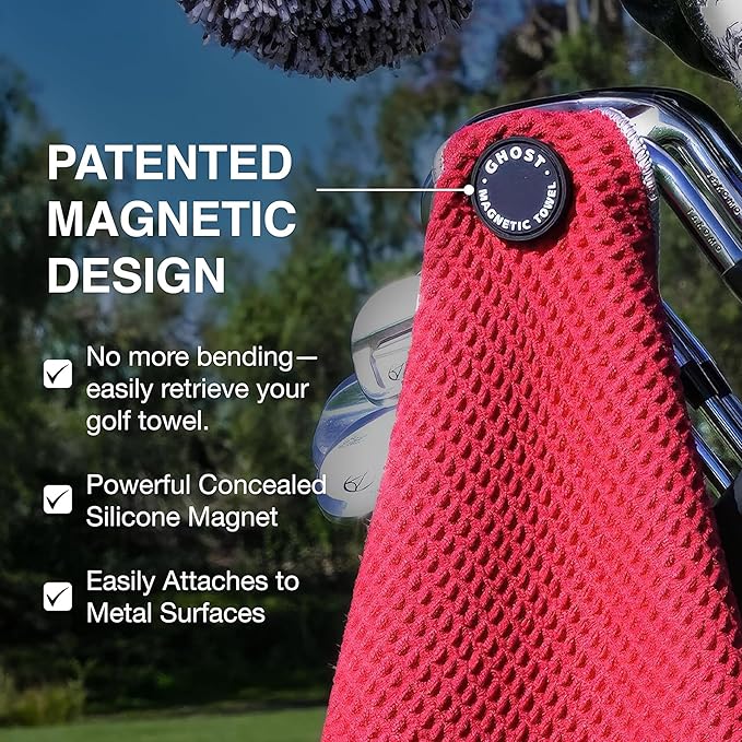 Ghost Golf Magnetic Towel (Greenside) - Premium Ultra-Absorbent Microfiber Golf Towel with Magnet for Golf Carts or Clubs - 18" x 18" Golfing Gear - Waffle Weave Pattern (Hot Pink)