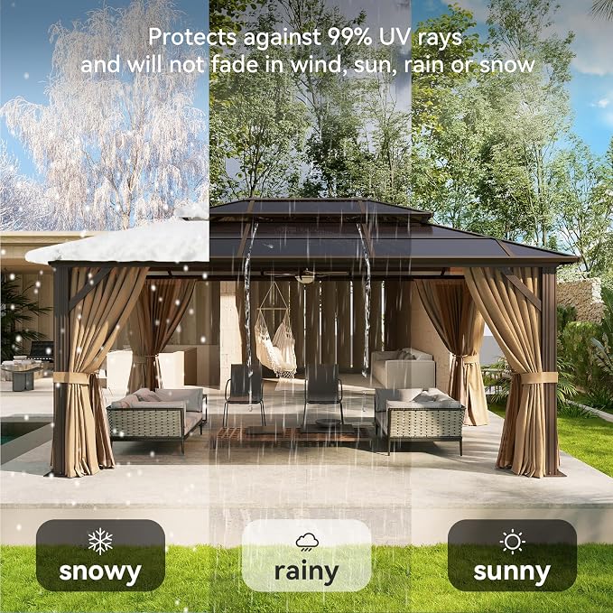Aoxun 12'x16' Gazebo with Polycarbonate Double Roof, Light Brown | Metal Frame - Image 7