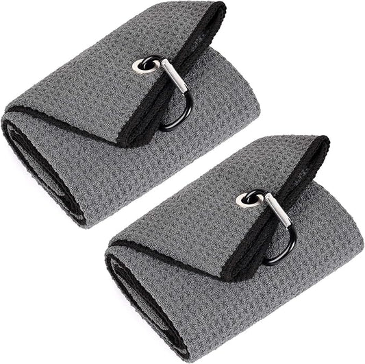 Mile High Life Tri-fold Golf Towel | 16" X 24" | Premium Microfiber Fabric | Waffle Pattern | with Heavy Duty Carabiner Clip | for Men and Women (2 Pack Dark Gray)