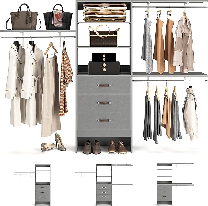 Armocity 96 Inches Closet System, 8FT Walk In Closet Organizer with 3 Shelving Towers, Heavy Duty Clothes Rack with 3 Drawers, Built-In Garment Rack, 96" L x 16" W x 75" H, Max Load 1000 LBS, Grey