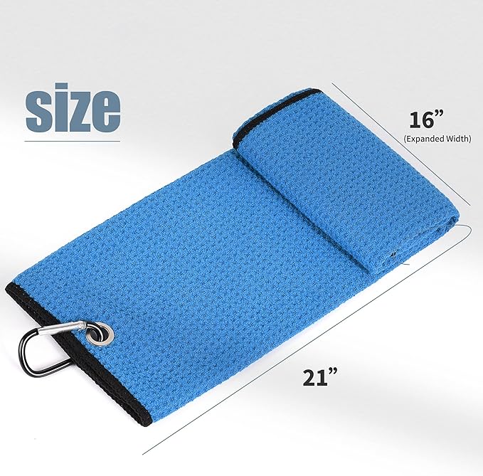 Mile High Life Tri-fold Golf Towel | 16" X 24" | Premium Microfiber Fabric | Waffle Pattern | with Heavy Duty Carabiner Clip | for Men and Women (2 Pack Blue)