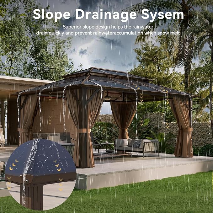 Aoxun 12'x16' Gazebo with Polycarbonate Double Roof, Light Brown | Metal Frame - Image 3