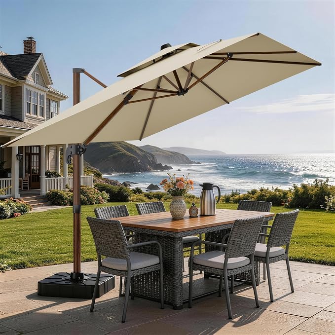 10x13FT Cantilever Outdoor Patio Umbrellas, Double Top Wood Pattern Rectangle by ORYNTREX