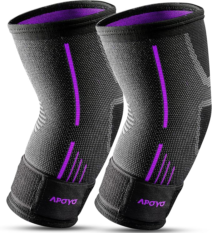 APOYO Elbow Brace for Tendonitis and Tennis Elbow, Elbow Compression Sleeve, Elbow Brace for Women and Men w/ Adjustable Strap for Tennis Elbow Relief, Weightlifting, Arthritis, Workouts, Reduce Joint Pain During Fitness Activity (Purple (Pair), Medium)