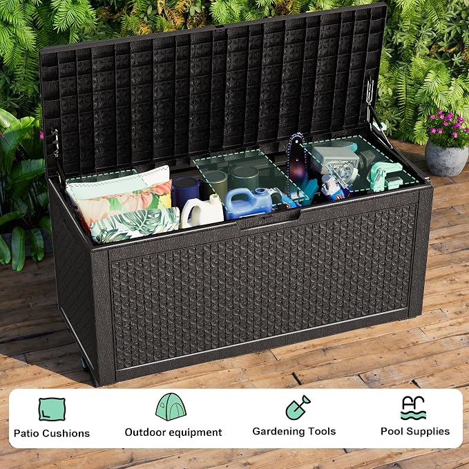 PatioZen 110 Gallon Deck Box Outdoor, Weatherproof Resin Patio Storage Box - Image 4