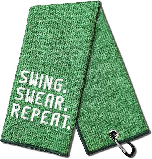 DYJYBMY Swing Swear Repeat Funny Golf Towel, Embroidered Green Golf Towels for Golf Bags with Clip, Golf Gift for Men Husband Boyfriend Dad, Birthday Gifts for Golf Fan, Funny Golf Lover Gift
