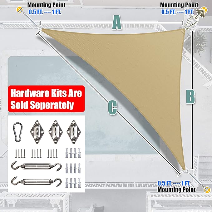 Amgo Custom Size 6' x 12' x 13.4' Sand Beige Right Triangle Sun Shade Sail - Image 6