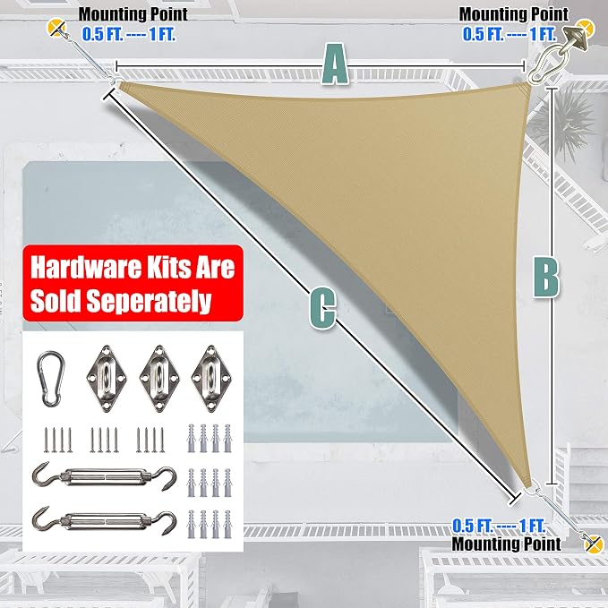Amgo Custom Size 13' x 16' x 20.6' Sand Beige Right Triangle Sun Shade Sail - Image 6
