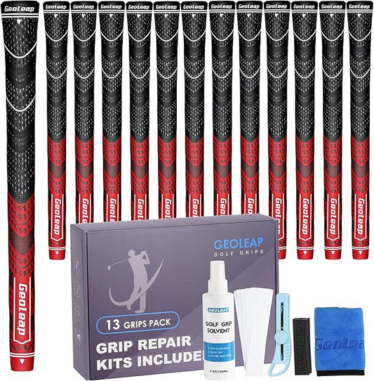 Geoleap Golf Grips Set of 13- Grips with Tapes and with All Repair Kits for Choice,Hybrid Golf Club Grips,Standard/Midsize,All Weather Contral, High Feedback & Traction.