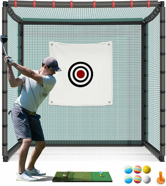 Golf Cage with Steel Freame, 7x7x7ft Golf Net with Rubber Hose, Noise Reduction for Backyard Indoor Outdoor Lawn Practice(Includes 1 Hitting Mat 6 PU Balls 1 Tee)